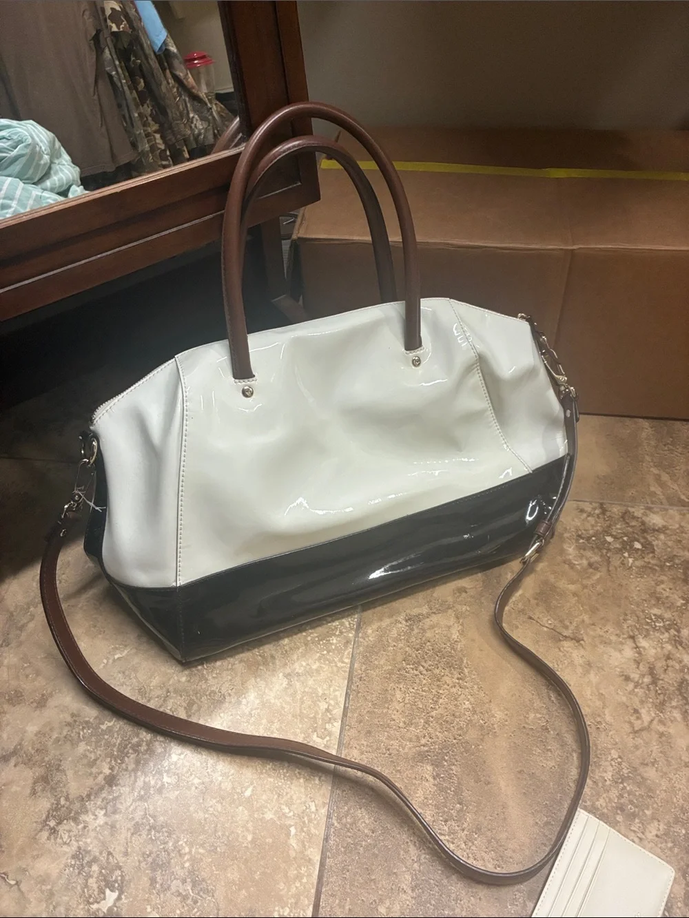 kate spade White and Black Patent Tote with Brown Handles